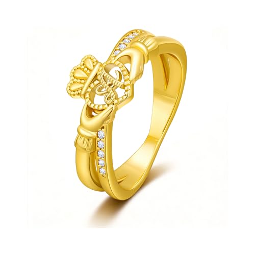 Gold Initial Crown Rings for Women Non Tarnish 14K Gold Plated Vintage Heart Thumb Rings Personalized Carved Anniversary Valentine's Day Gifts - color: Gold-A