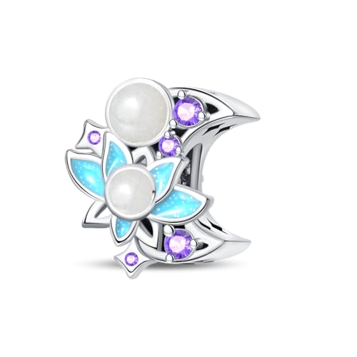 Pandach 925 Sterling Silver Charms for Bracelets and Necklaces Travel Round The World Beads Charms Relaxation Dangle Pendant,Jewelry Beads Gifts for Women - style: Moon Lotus Beads