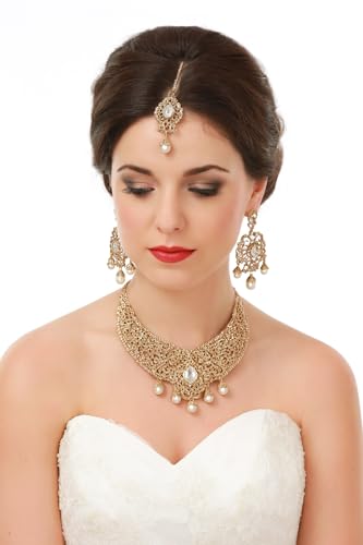 Touchstone Indian jewelry sets for women tikka wedding necklace costume guest statement bollywood rhinestones crystal faux pearls gold big royal neck piece set bridal fashion accessories - color: Gold