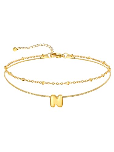 U7 Silver Gold Initial Ankle Bracelets for Women Waterproof,14K Gold Plated Initial Anklets No Tainish,Adjustable Women's Anklet Layered Ankle Summer Beach Foot Jewelry - color: Gold