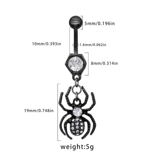 14G Black Spider Dangle Belly Button Ring for Women Rhinestone Crystal with Gothic Dangling Spider Belly Navel Rings Halloween Body Piercing Jewelry - color: White