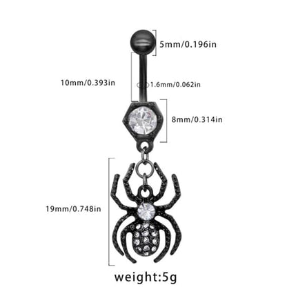 14G Black Spider Dangle Belly Button Ring for Women Rhinestone Crystal with Gothic Dangling Spider Belly Navel Rings Halloween Body Piercing Jewelry - color: White