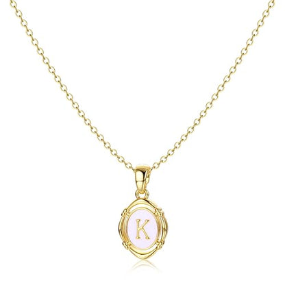 14K Gold Plated Initial Necklaces for Women, Letter Charm Pendant Necklace | Dainty Oval White Enamel Personalized Name Necklace, Trendy Jewelry with 16 inches Chain and 2 inches Extender - color: K