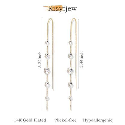 Gold Dangle Earrings for Women, 14K Threader Long Chain Drop Earrings Dangling Dainty Elegant Ear Chain with Tassel and Cubic Zirconia for Wedding Trendy Jewelry Gifts - color: CZ Tassel