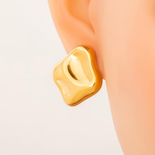 Chunky 14k Gold Plated Stud Earrings for Women Hypoallergenic Statement Earrings, Dainty Geometric Thick Studs Lightweight Earrings Fashion Jewelry Gifts