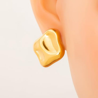 Chunky 14k Gold Plated Stud Earrings for Women Hypoallergenic Statement Earrings, Dainty Geometric Thick Studs Lightweight Earrings Fashion Jewelry Gifts