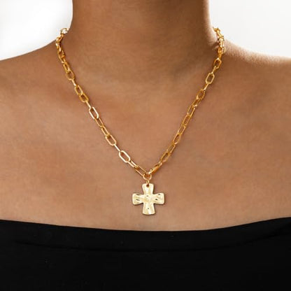 Chunky Cross Necklace for Women,Gold Silver Layered Hammered Cross Pendant Necklace Statement Paperclip Toggle Charm Chain Herringbone Snake Choker Christian Jewelry Outfit Accessories - color: BGold