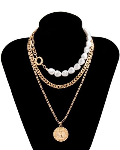 Gold Layered Necklaces for Women Chunky Layered Gold Necklaces Stacked Paperclip Chain Pearl Necklace Herringbone Toggle Clasp Choker Trendy Statement Jewelry Gifts - color: A2:gold layered necklace