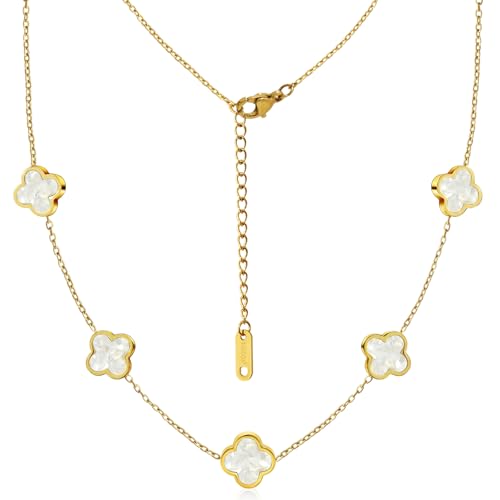 Four Leaf Clover Necklace 18K Gold Plated Necklaces for Women Lucky Flower Pendant Adjustable Link Chain Stainless Steel Dainty Trendy Simple Jewelry Gifts for Women - color: 5G-Single White