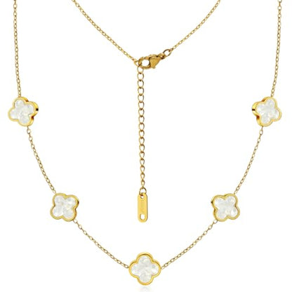 Four Leaf Clover Necklace 18K Gold Plated Necklaces for Women Lucky Flower Pendant Adjustable Link Chain Stainless Steel Dainty Trendy Simple Jewelry Gifts for Women - color: 5G-Single White