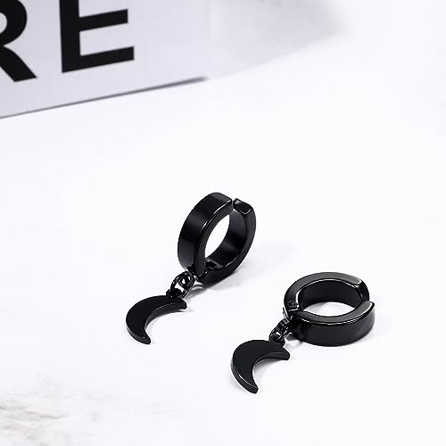 Black Hinged Earrings Hoop-Clip On Moon Dangle Hoops-Stainless Steel Punk Earrings Jewelry for Women Men - color: Black