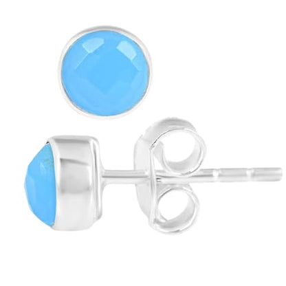 5 MM Natural Gemstone 925 Sterling Silver Hypoallergenic Studs Earrings Jewelry for Women Dainty Trendy Antiqued Silver Birthstone Earrings Jewelry Gifts for Women and Her - color: Aqua Chalcedony