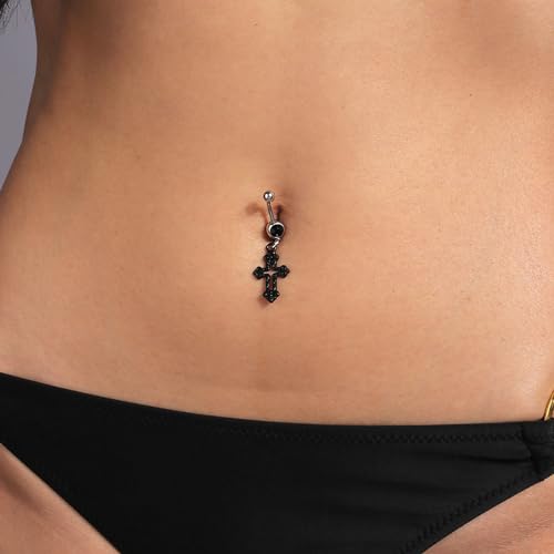 Silver Belly Button Ring Crystal Spider Dangle Belly Ring Sparkly Cubic Zirconia Insect Navel Ring Surgical Steel Belly Navel Piercing Jewelry for Women Girls - style: cross