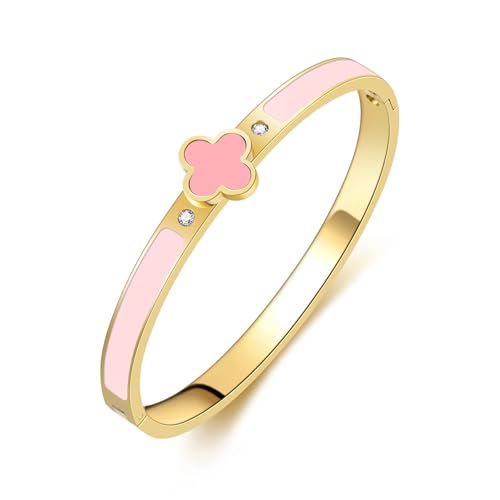 Clover Bracelets for Women Gold and Silver Chunky Oval Clover Bangle | 18k Gold Plated Stainless Steel,Precision Polished Non Tarnish,Black/White/Red/Pink/Orange Clover Bracelet Gifts for Women - color: Pink