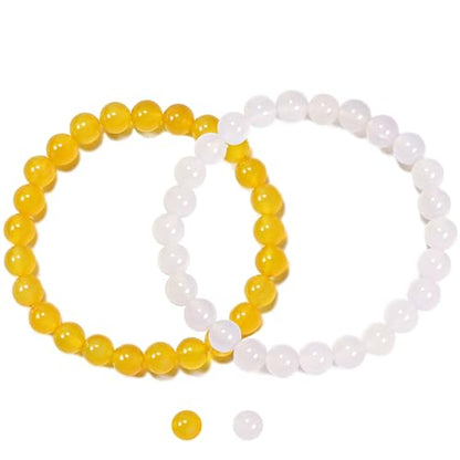 2PCS Agate Bracelet for Women Men Natural Round Beaded Agates Stone Healing Stretch Bracelets Elastic Handmade Polished Gemstone Beads Bracelet - color: White+Yellow, size: 8mm Beads