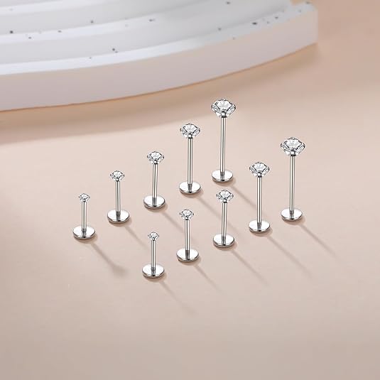 Aumeo 20G 18G 16G Threadless Push in Nose Rings Studs Surgical Steel Labret Jewelry Monroe Lip Rings Studs Medusa Ashley Piercing Jewelry for Women - color: Silver, size: 20g*6/7/8/10/12mm+grabber tool
