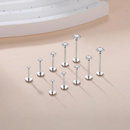 Aumeo 20G 18G 16G Threadless Push in Nose Rings Studs Surgical Steel Labret Jewelry Monroe Lip Rings Studs Medusa Ashley Piercing Jewelry for Women - color: Silver, size: 20g*6/7/8/10/12mm+grabber tool