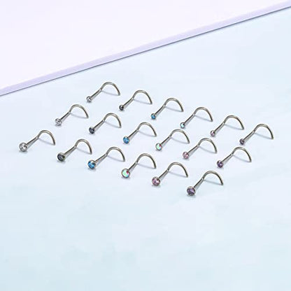 BelezaDosas 6pcs G23 Titanium Nose Studs 18G 20G Screw Nose Ring Press Fit 2mm 2.5mm 3mm Piercing Jewelry for Sensitive Skin - style: 20G 3.0mm CZ 6PCS