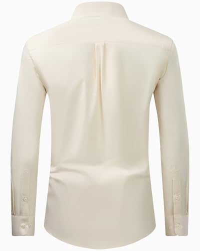 Alimens & Gentle Men's Dress Shirt Regular Fit Stretch Stain Shield Long Sleeve Solid Business Wedding Button Down Shirts - color: Beige, size: X-Large