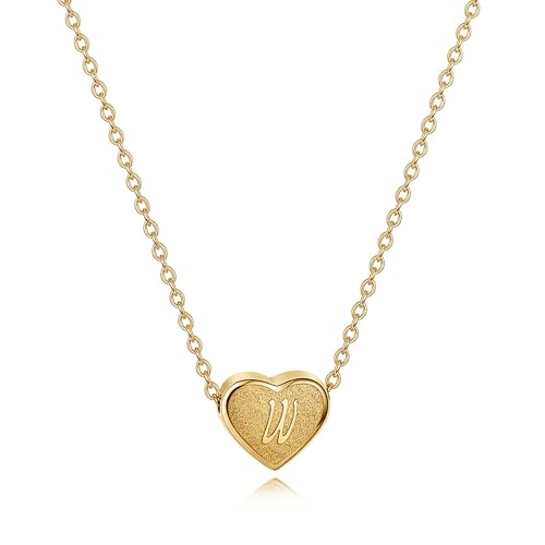 18k Gold Plated Heart Pendant Letter Necklaces for Girls Stainless Steel Initial Necklace for Women Birthday Gifts for Girls Women - color: Brushed Gold, style: Letter W