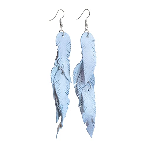 Leather Feather Earrings, Suede layered earrings, boho wedding jewelry, summer earrings, gift for her, dangle earrings - color: light blue