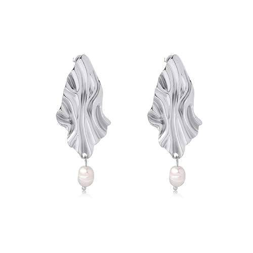 Large Geometric Drop Dangle Earrings for Women Pearl Teardrop Disc Rectangle Oval Fishtail Shell Shaped Textured Dangle Studs Earrings for Women - color: Silver-Pearl