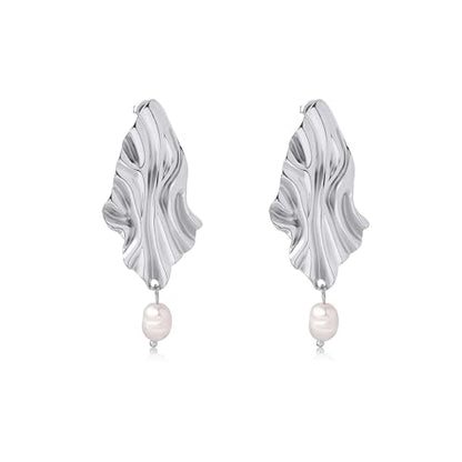 Large Geometric Drop Dangle Earrings for Women Pearl Teardrop Disc Rectangle Oval Fishtail Shell Shaped Textured Dangle Studs Earrings for Women - color: Silver-Pearl