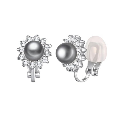 Pearl Clip On Earrings for Women, Austrian Crystal Halo | 14K Gold-Plated Finish, Comfortable Clip-On Fit, Non-Pierced Earrings, Soft Silicone Pads Included, Gift Box Included - color: Black Pearl /Silver-Tone
