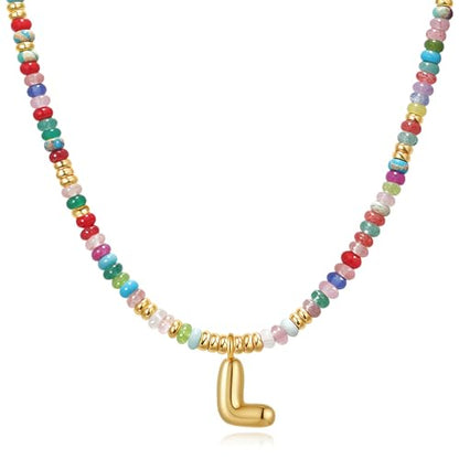 YOUFENG Initial Letter Necklaces for Women Colorful Beaded Gemstone Choker 14K Gold Plated Bubble Letter Pendant Necklace Natural Stone Handmade Jewelry Gift - color: L