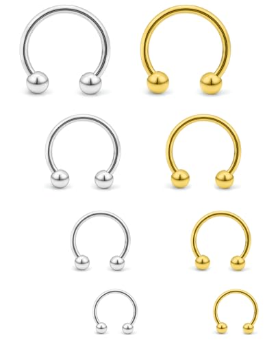 16PCS 16G Multiple Different Sizes Horseshoe Barbell Surgical Steel Nose Septum Rings Hoop Daith Earring Eyebrow Helix Vertical Lip Piercing Jewelry for Women Men - color: 8pcs,16g,silvertone+goldtone