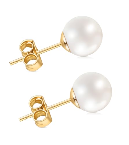 Pearl Earrings for Women, Hypoallergenic 925 Silver Post Studs | Shell Pearl Stud Earrings, Nickel-Free, 18K Yellow-Gold Plated Sterling Silver for Birthday Anniversary Wedding Daily Wear - color: Gold, size: 7mm