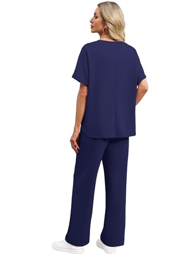Sampeel Lounge Sets for Women V Neck Turn-UP Sleeves Tops Wide Leg Pants 2 Piece Sets Oversized Summer Vacation Outfits 2026 - color: Dark Blue, size: Medium