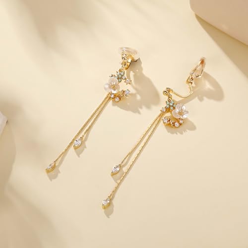 Awinesn Clip on Earrings Dangle Pearl Drop Clip Earrings for Women Trendy Dangle Chain Dainty Flower Wedding Earrings for Brides 14K Gold Plated Statement Non Pierced Earrings for Women Sparkly Jewelry - style: fugu-lanflower-g