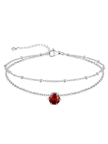 U7 Silver Ankle Bracelet for Women, Waterproof Layered Ankle Round Gem Birthstone Anklets, Summer Beach Foot Jewelry, Adjustable 8.5"-10.5" - color: 01.January-Garnet Red