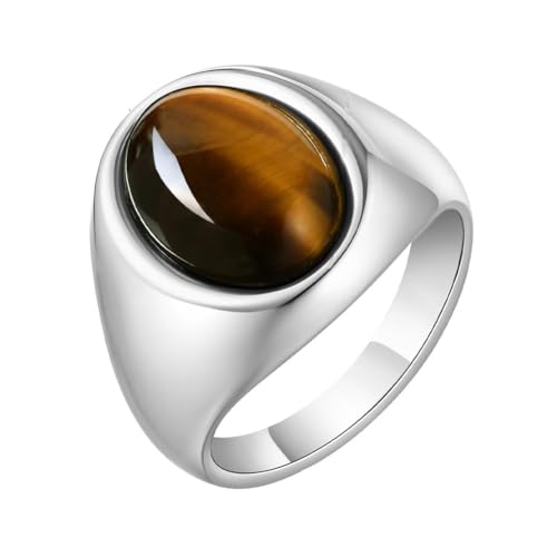 HIJONES Unisex Stainless Steel Oval Agate Gemstone Inlaid Silver Plated Signet Ring Solid Glossy Wedding Band - color: Brown Stone