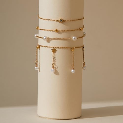 LOFITOR Anklets for Women Ankle Bracelet Charm Link Chain Set Foot | Waterproof Dainty Cz Evil Eye Beaded Anklets Adjustable Beach Foot Jewelry Feet Chains, Summer Beach Foot Jewelry Gifts - style: Pearl Gold