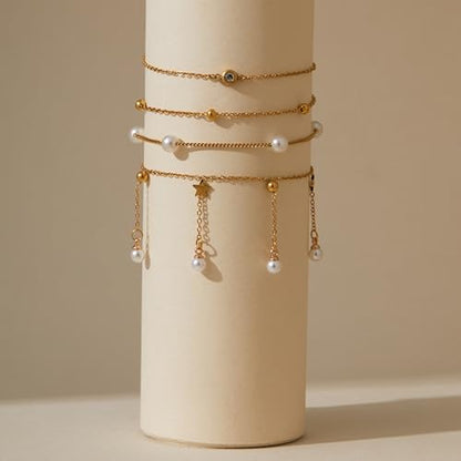 LOFITOR Anklets for Women Ankle Bracelet Charm Link Chain Set Foot | Waterproof Dainty Cz Evil Eye Beaded Anklets Adjustable Beach Foot Jewelry Feet Chains, Summer Beach Foot Jewelry Gifts - style: Pearl Gold