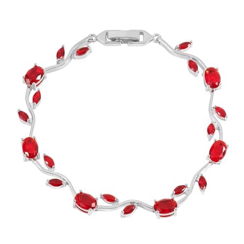 Tulip Flower Bracelet for Women 14K Gold Plated Stainless Steel with Colorful Cubic Zircon Dainty Cute Pink Rose Floral Jewelry Gift for Her Crystal Flower Leaf Bracelets -7.5inch/190mm - color: Red White Gold