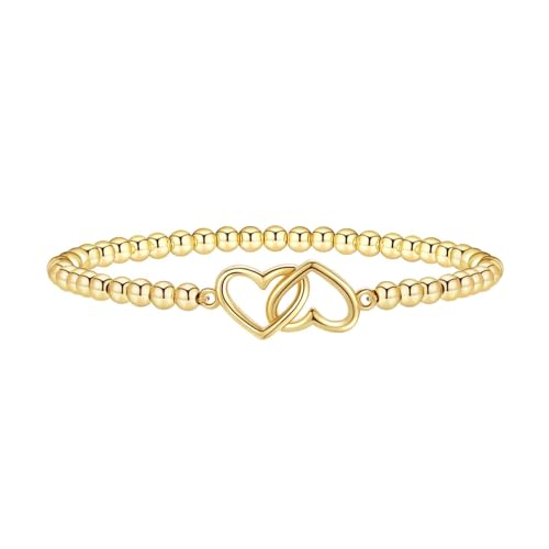 Beaded Bracelets for Women 14K Silver Gold Plated Stretch Handmade Ball Bracelets Cute Charm Bracelet Dainty Stackable Cross Heart Bow Wave CZ Circle Trendy Jewelry Easter Gifts - color: double-heart