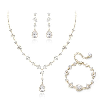 Teardrop Marquise Cubic Zirconia Wedding Prom Jewelry Set for Women Bridal | Silver/Gold/Rose Gold Plated, Pear Cut Pendant Necklace Drop Earrings Link Bracelet, for Bride Bridesmaid, for Banquet Party - style: A_Three Set, Gold-Tone