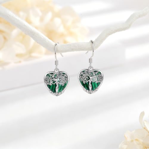 AEONSLOVE Tree of Life Crystal Earrings with Sterling Silver Ear Hooks, Dangle Drop Tree Earrings Gifts for Women - style: A01-Malachite-Heart