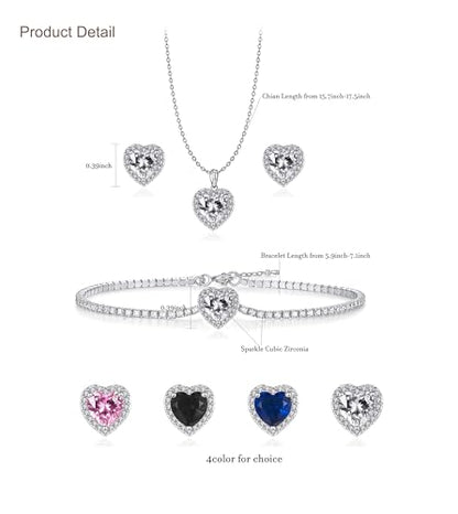 Cubic Zirconia LOVE Heart Jewelry Set Earrings Necklace Bracelet Set for Women Prom Wedding Party Anniversary Birthday - color: black