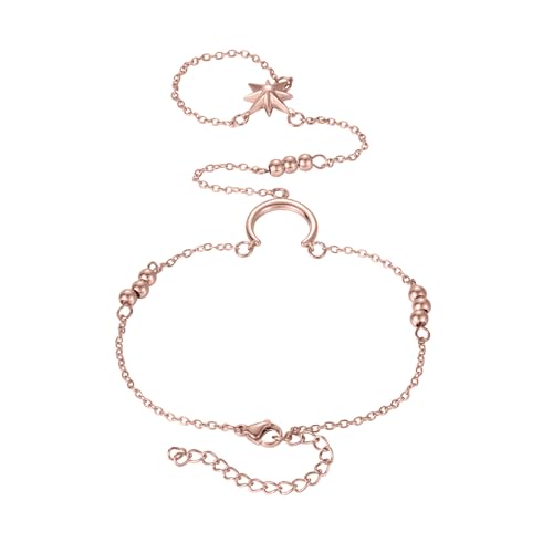 Lunar Hand Chain – Adjustable 18K Gold Plated Crescent Moon Bracelet for Women Delicate Gold Moon Jewelry Lightweight Elegant Charm Bracelet - color: Rose Gold