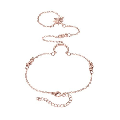 Lunar Hand Chain – Adjustable 18K Gold Plated Crescent Moon Bracelet for Women Delicate Gold Moon Jewelry Lightweight Elegant Charm Bracelet - color: Rose Gold