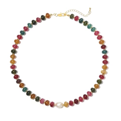 Beaded Necklace for Women,Natural Gemstone Necklace for Women,Colorful Bead Choker Necklace Handmade Surfer Beach Necklace Trendy Jewelry Gift for Women - style: With Pearl