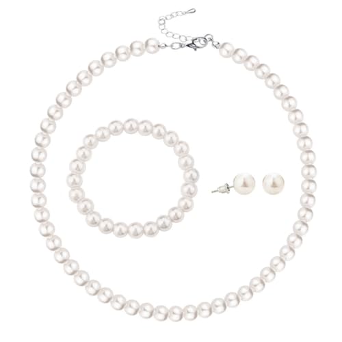 xuzhiyuan 10mm Faux Pearl Jewelry Set for Women, Classic 3-Piece Necklace Bracelet and Earring Set, Hypoallergenic Fashion Jewelry Gift for Mom Wife - color: Beige