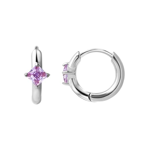 316L Surgical Steel Birthstone Hoop Earrings for Women | Lightweight, 5A Cubic Zirconia, Hypoallergenic, Lead & Nickel Free, 8mm Huggie Hoops - color: Silver: 06. June (Alexandrite)