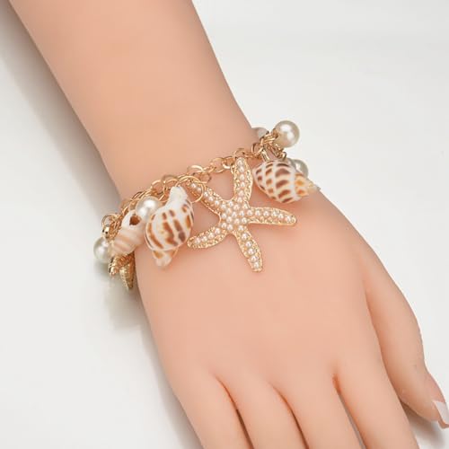 Starfish Shell Bracelet Gold Chunky Starfish Bracelet Bohemian Pearl Charm Bracelet Mermaid Costume Jewelry for Women (Gold)