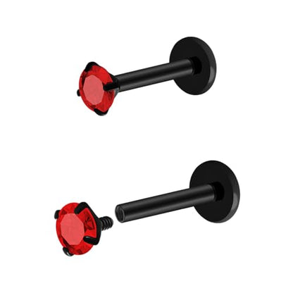16G 18G Titanium Internal Thread CZ Stud Earrings Flat Back, Silver Black Tragus Helix Conch Cartilage Piercing Jewelry for Women Men 6mm 8mm 10mm Labret Studs 2PCS - color: Black, 16g, 8mm bar, 3mm Red CZ