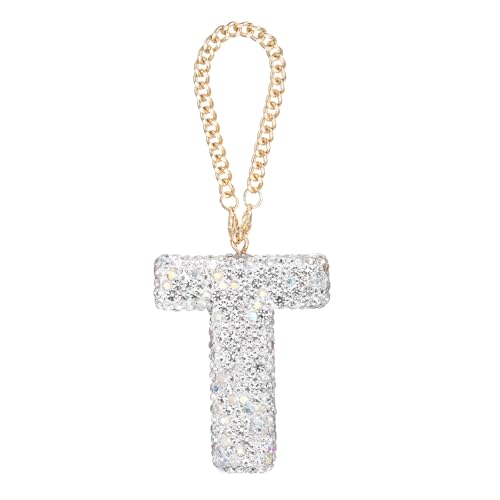 MECCANIXITY Bling Car Letter Charm, Initial T Letter Interior Car Rear View Mirror Decoration Hanging Crystal Ornaments for Women Bags Water Cup DIY Craft, Silver - style: Letter T